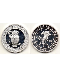 1993 Grecia, Moneda plata 25 ECUS Buho