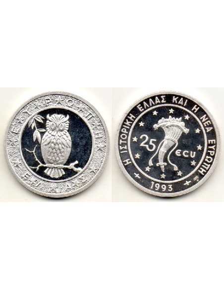 1993 Grecia, Moneda plata 25 ECUS Buho