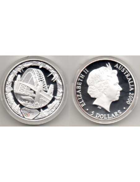 2000, 5 dolares Australia, Syndey Harbour Bridge dentro de una corona portuaria, Olimpiada Sydney