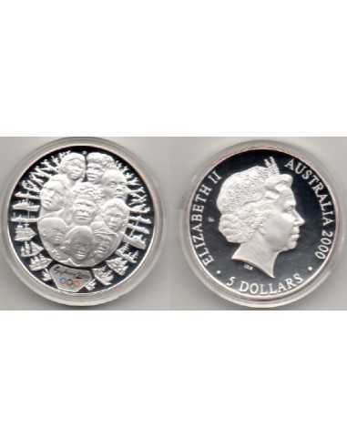 2000, 5 dolares Australia, Nueve rostros australianos de distintas razas, rodeados de barcos y aviones, Olimpiada Sydney