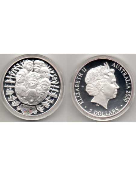 2000, 5 dolares Australia, Nueve rostros australianos de distintas razas, rodeados de barcos y aviones, Olimpiada Sydney