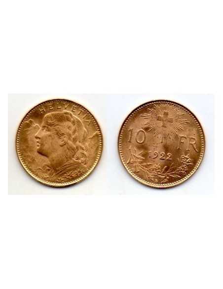 1922 SUIZA 10 FRANCOS ORO Helvetia