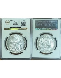 1934 Perú, un sol de plata, Certificado GBCA-EU MS64