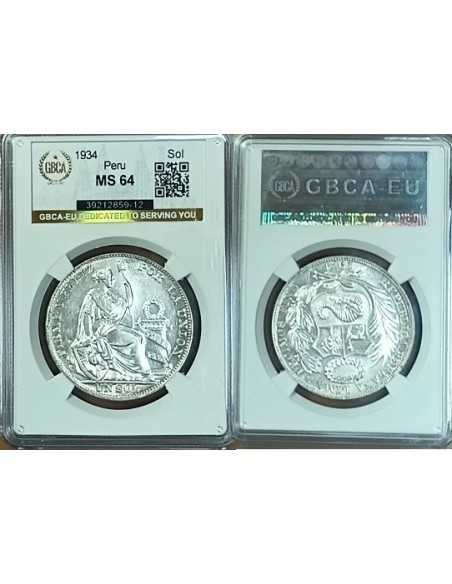 1934 Perú, un sol de plata, Certificado GBCA-EU MS64