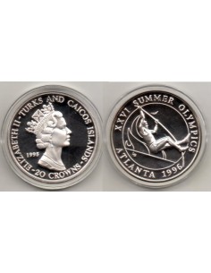 1996 Turks and Caicos - 20 Crowns plata Olimpiadas - salto altura