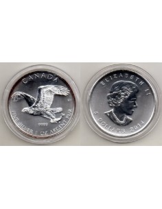 2014- Canadá. 5 dólares, 1 onza de plata- Aguila Calva en vuelo