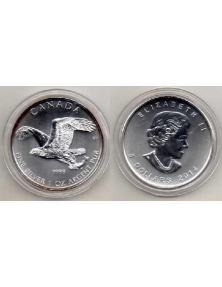 2014- Canadá. 5 dólares, 1 onza de plata- Aguila Calva en vuelo