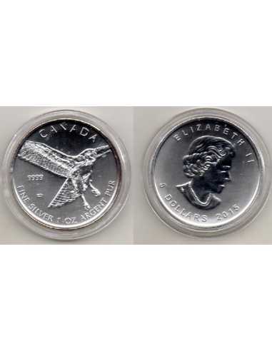 2015- Canadá. 5 dólares, 1 onza de plata- Halcón de cola Roja
