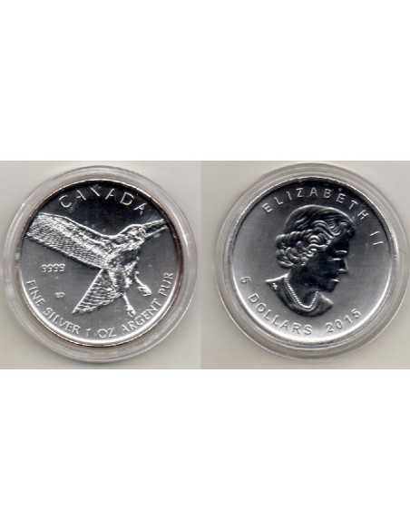 2015- Canadá. 5 dólares, 1 onza de plata- Halcón de cola Roja