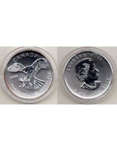 2014- Canadá. 5 dólares, 1 onza de plata- Halcón Pelegrino