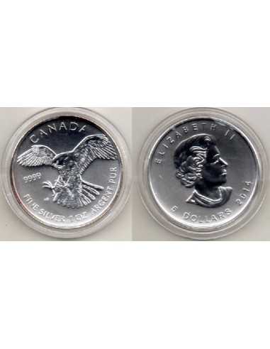 2014- Canadá. 5 dólares, 1 onza de plata- Halcón Pelegrino