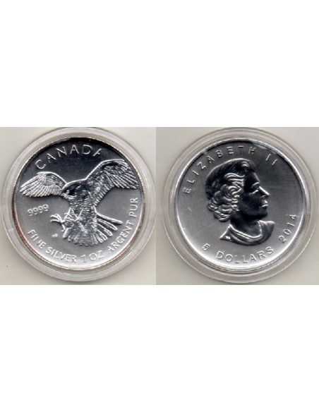 2014- Canadá. 5 dólares, 1 onza de plata- Halcón Pelegrino